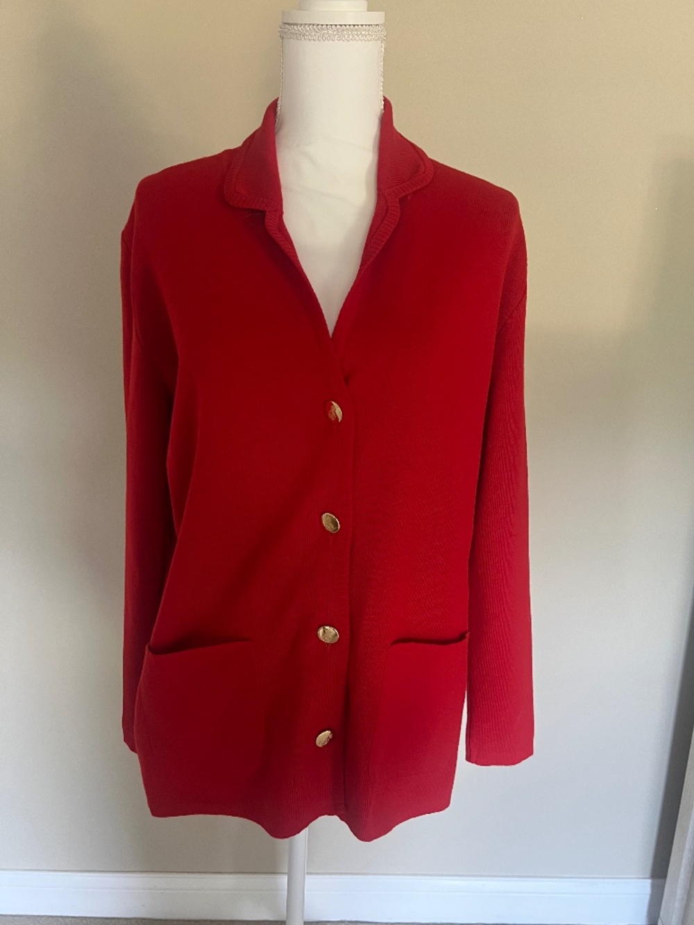 Saks Fifth Avenue Collection Womens Red With Gold Button Sweater Pockets Size S
